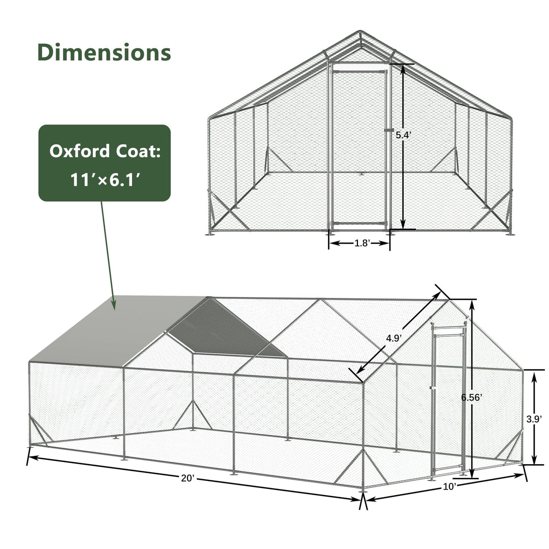 Coowa Large Metal Chicken Coop, 10' L x 20' W x 6.56' H Walk-in Chicken Run with Galvanized Wire, Waterproof UV-Resistant Cover, Hen Pen Cage for Rabbits, Ducks, Poultry