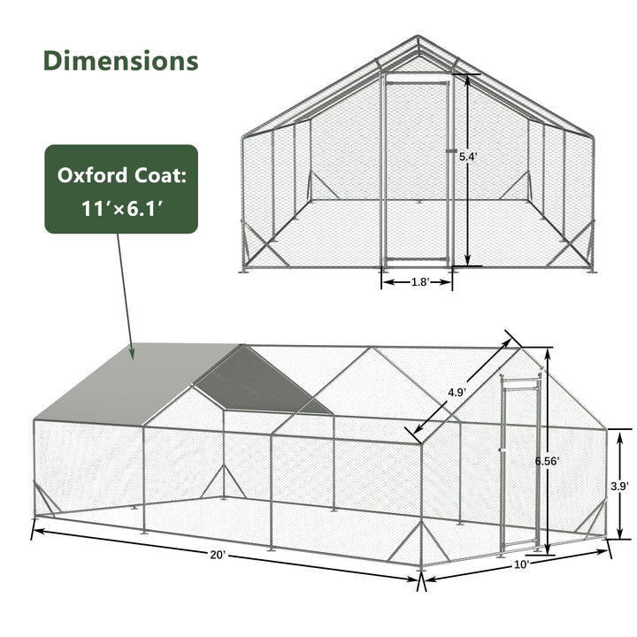 Coowa Large Metal Chicken Coop, 10' L x 20' W x 6.56' H Walk-in Chicken Run with Galvanized Wire, Waterproof UV-Resistant Cover, Hen Pen Cage for Rabbits, Ducks, Poultry