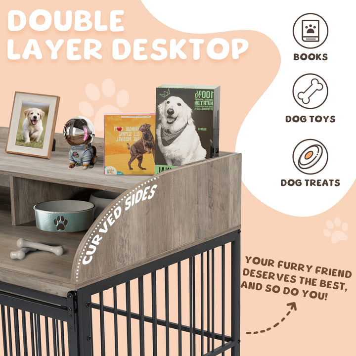 Noaman GO 44'' Heavy Duty Large Dog Crate Furniture with Lockable Wheels, Wooden Dog Kennel & End Table with Double Layer Storage, Gray