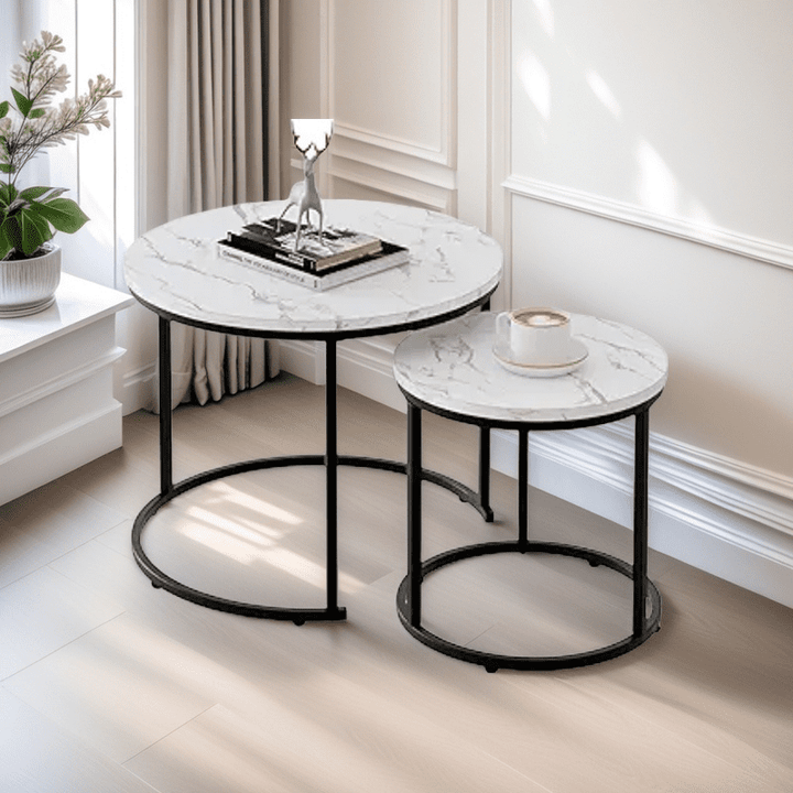Round Nesting Coffee Table Side Table Set of 2 End Tables for Living Room Bedroom Balcony, White Faux Marble Wooden Table Accent Coffee Table with Black Steel Frame