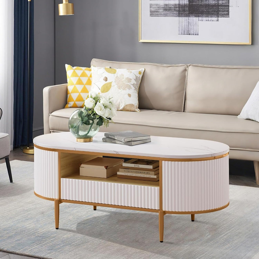 Modern Fluted Coffee Table, 48'' Modern Oval Coffee Table with Drawer, Faux Marble Top, Curved Profile Center Table with Storage, Gold Metal Decor, Center Table for Living Room, White