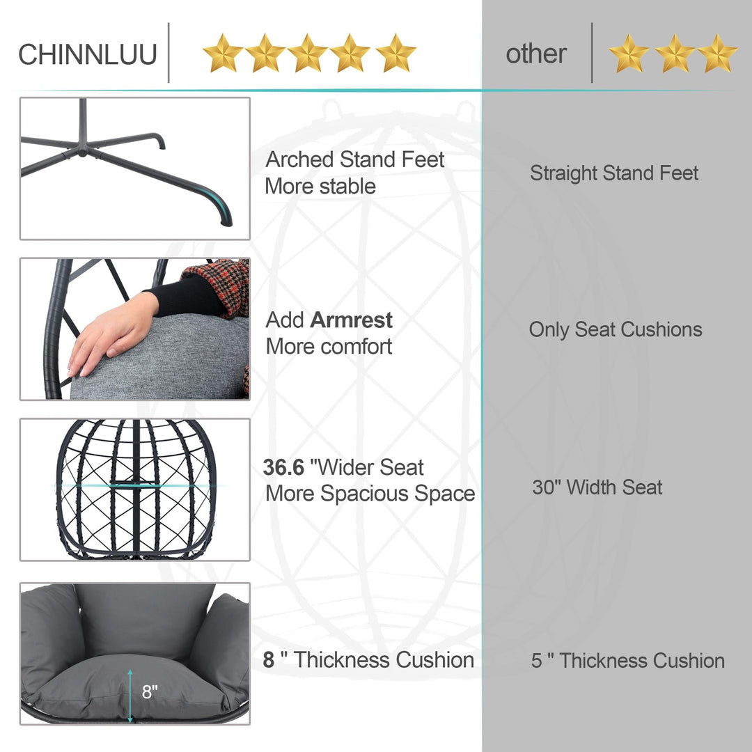 TQKVIPI Wicker Egg Chair Outdoor Indoor,Foldable Patio Hanging Egg Chair with Stand,Swing Chair with UV Resistant Cushion 350lbs Capacity for Bedroom, Patio, Garden and Balcony (Black+Dark Grey)