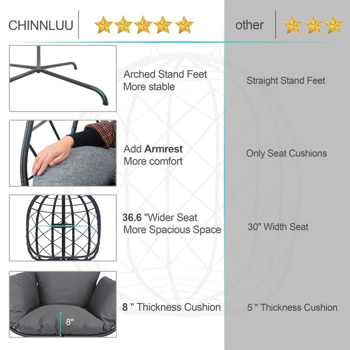 TQKVIPI Wicker Egg Chair Outdoor Indoor,Foldable Patio Hanging Egg Chair with Stand,Swing Chair with UV Resistant Cushion 350lbs Capacity for Bedroom, Patio, Garden and Balcony (Black+Dark Grey)