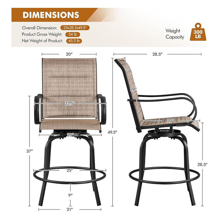 2 Piece Patio Swivel Bar Stools Bistro Chairs with High Armrest/Back/Footrest, All Weather Padded Seating Outdoor Furniture Chairs for Yard, Lawn & Garden, Black/Brown