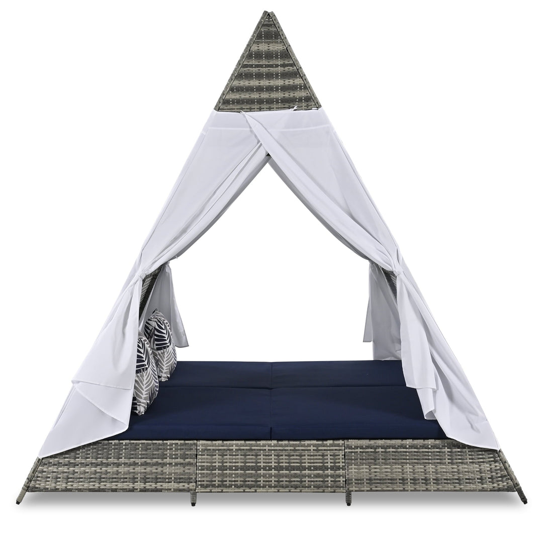 GO 90.5" Length Outdoor Lounge Bed with Decorative Pillows, Wicker Patio Daybed with Cushions, Canopy Design, Gray & Blue