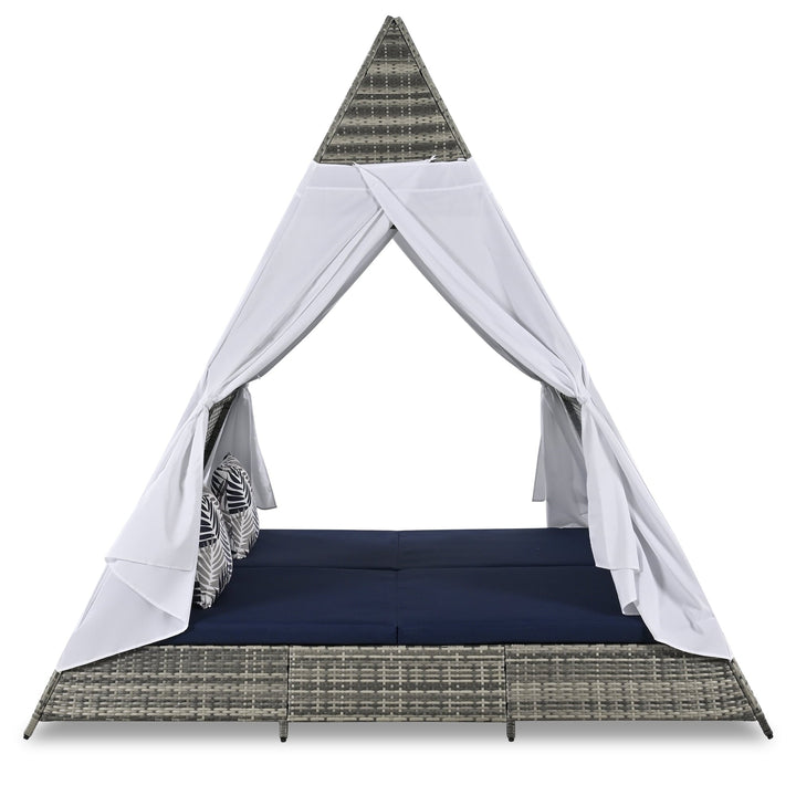 GO 90.5" Length Outdoor Lounge Bed with Decorative Pillows, Wicker Patio Daybed with Cushions, Canopy Design, Gray & Blue