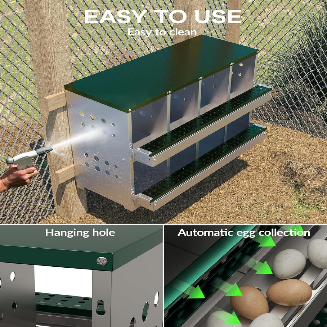Metal Chicken Nesting Box for Laying Eggs, Rustproof Wall-mountable Roll Away Chicken Laying Boxes for Hens, Waterproof, Ventilated with Perch, 8 Compartments, Green