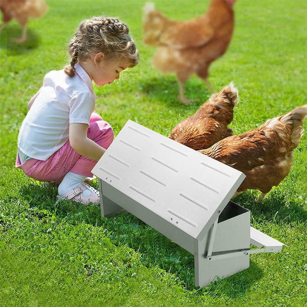 KRKZ 20.1" x 12.6" x 7.5" Silver Automatic Poultry Feeder - Long-Lasting Galvanized Chicken Feeder with Rain Cover - Metal Feeder Kit for Ducks, Bantams & Pheasants