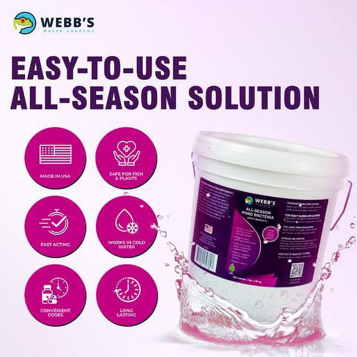 Webb's Water Gardens All-Season Pond Bacteria with Barley Packets - Supports up to 1000 Gallons - 12 Packets for Easy Application - 5 Pounds - Ideal for Clearing Pond Water and Mai