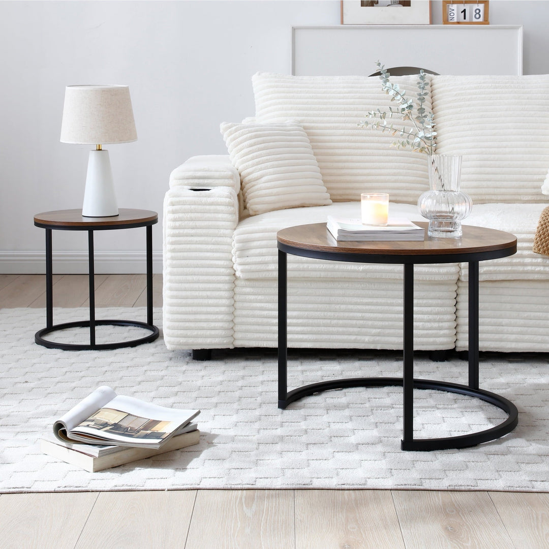 Funnil Nesting Coffee Table Set of 2, Wooden Round Coffee Table Set, Modern Circle Side Table, Accent End Side Table for Living Room, Office, Balcony, Brown