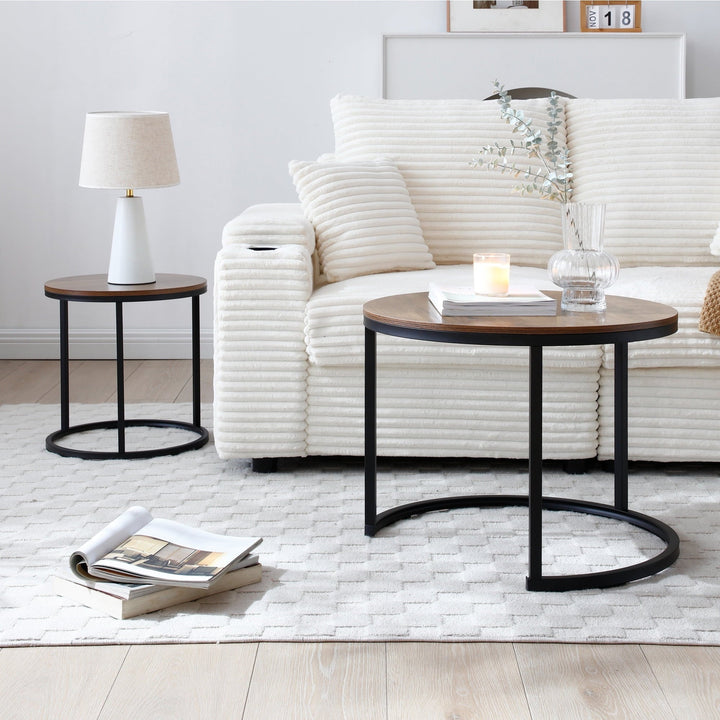 Funnil Nesting Coffee Table Set of 2, Wooden Round Coffee Table Set, Modern Circle Side Table, Accent End Side Table for Living Room, Office, Balcony, Brown