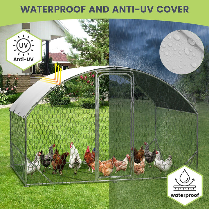 Pinypikaka Large Metal Chicken Coop for 6 to 10 Chickens, Chicken Pens Outdoor with Top for Chicks, Ducks 6.5'L x 9.8' Wx 6.5'H Dome Walk-in Poultry Cage with Waterproof Cover for Yard, Outdoor Farm