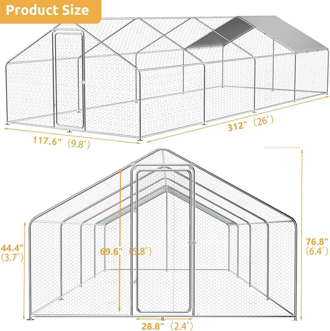 Large Metal Chicken Coop with Walk-in Run, Galvanized Wire Enclosure, and Waterproof UV Protection (10' L x 26' W x 6.56' H)