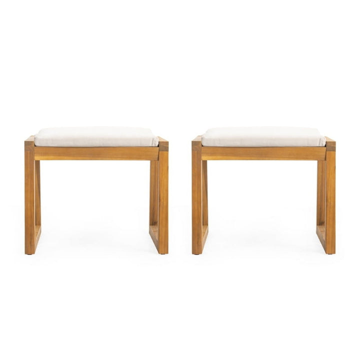 Acacia Wood Outdoor Ottoman Bench Set of 2, Waterproof Teak Finish Patio Footrest Stools with Beige Cushions, Modern Minimalist Pool Deck Seating for Garden, Backyard, 19.75" Height