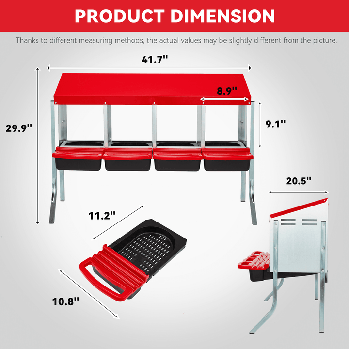 EROMMY Chicken Nesting Box, 4 Compartment Metal Chicken Laying Box, Chicken Brooder Box with Egg Collection for Chicken Coop, Wall Mount or Free Standing, Red