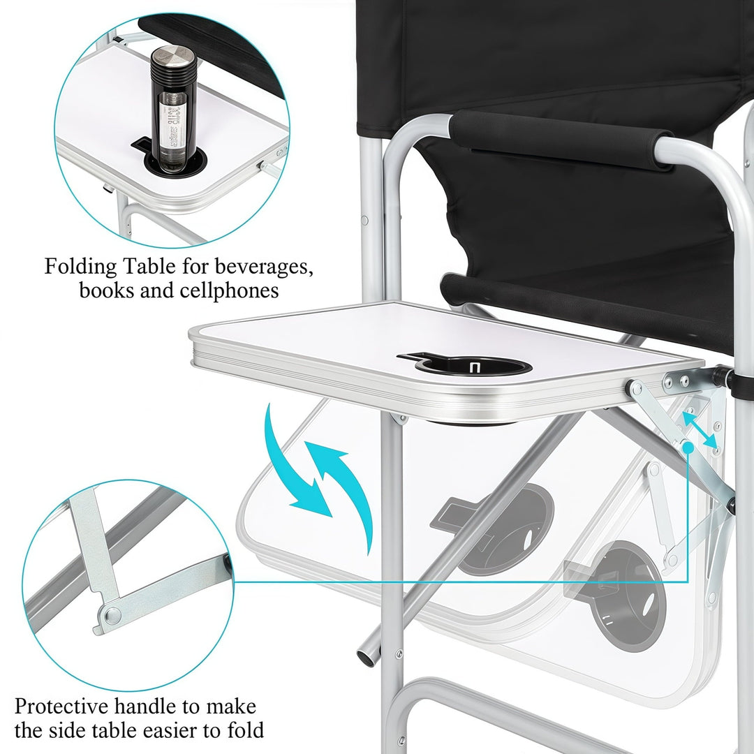 Gundir Tall Director Chair, Adult, Folding Camping Chair with Side Table, Cup Holder and Storage Bags
