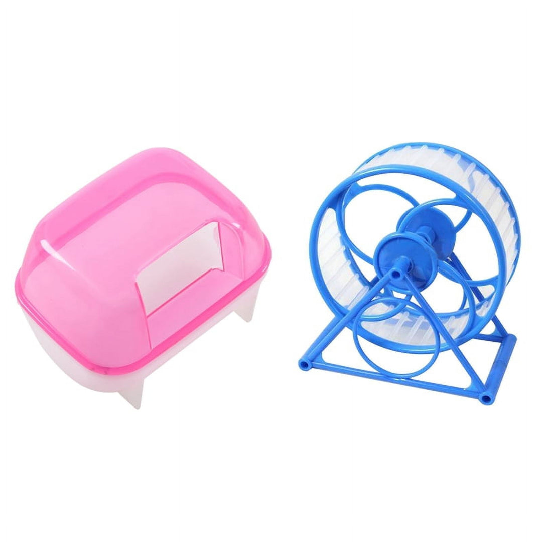 2 Pcs Hamster Supplies: 1 Pcs Pink White Small Hamster Bathing Sand Cage Pet Bathroom 10 X 7 X 7Cm & Pet Jogging Hamster Mouse Mice Small Exercise Toy Running Spinner Sports Wheel