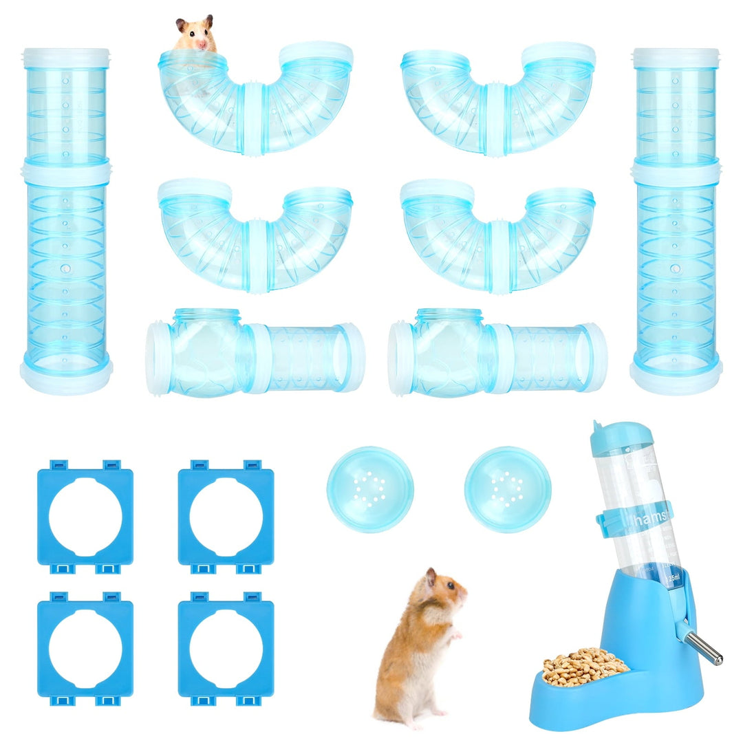 2 Set Hamster Tubes, DIY Hamster Tunnel Adventure External Pipe with 1 Hamster Water Bottle, 2 Hamster Cage Tube Stopper, 4 Pipe Connection Plates, Hamster Cage Accessories for Small Pet Sport