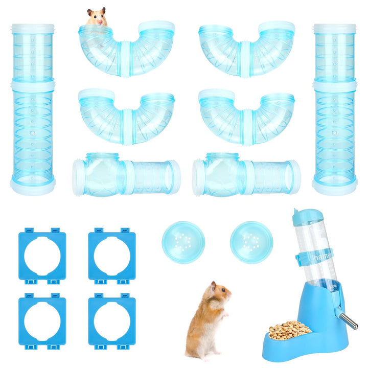2 Set Hamster Tubes, DIY Hamster Tunnel Adventure External Pipe with 1 Hamster Water Bottle, 2 Hamster Cage Tube Stopper, 4 Pipe Connection Plates, Hamster Cage Accessories for Small Pet Sport