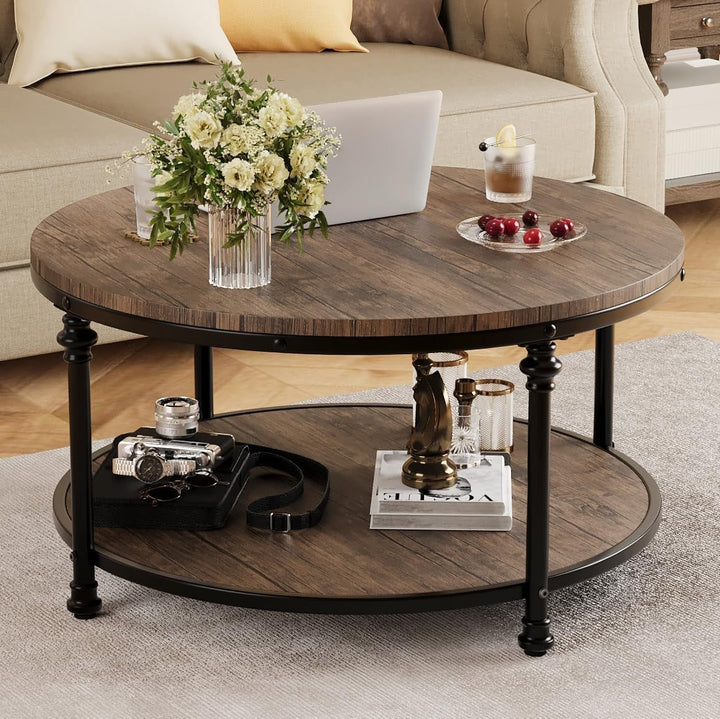 2-Tier Round Wood Coffee Table With Storage Shelf & Roman Column Metal Frame – Rustic Circle Center Table With Easy Assembly for Living Room, Reception Room ，30.5" x 30.5" x 18", Wood Grain Brown