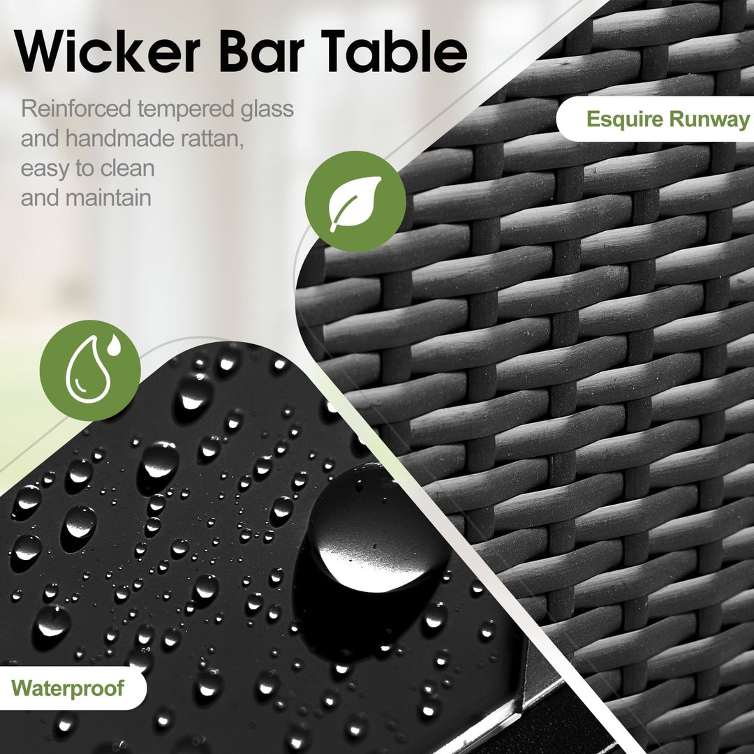 HiiKaa Large Outdoor Kitchen Wicker Island,Rolling Cart & Patio Bar Table with Wheels and Black Glass Table Top for Backyard,Poolside,Black
