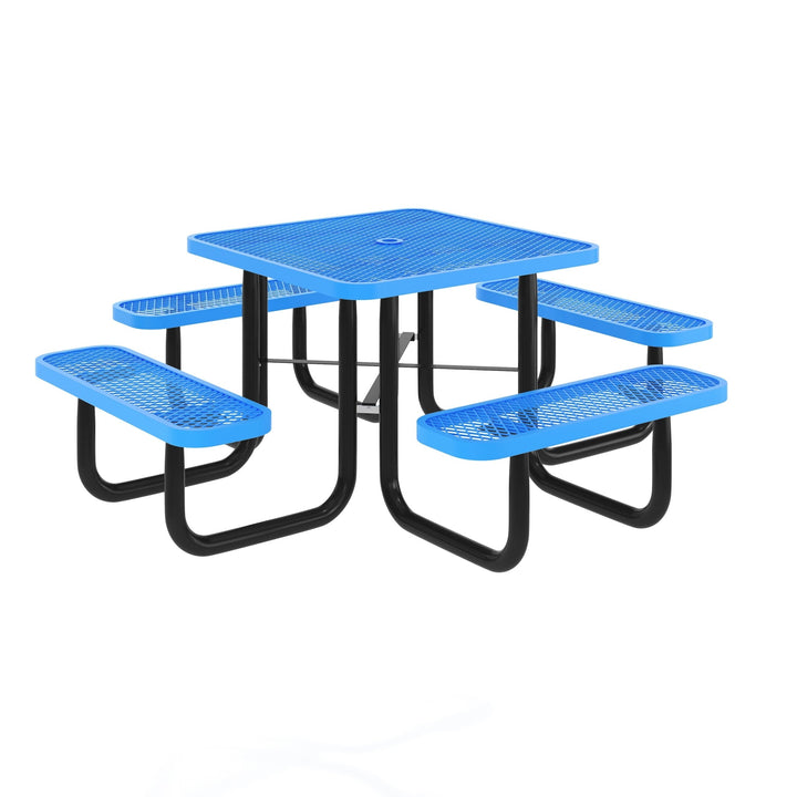 Flash Furniture 46" Square Outdoor Picnic Table with Commercial Heavy Gauge Expanded Metal Mesh Seats and Top with Umbrella Hole and Ground Anchors, Blue