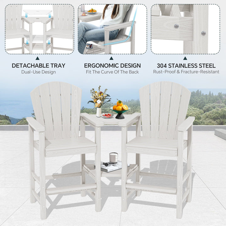 SERWALL Tall Adirondack Chairs Set of 2 with Double Layer Connecting Tray, HDPE Bar Height Outdoor Chairs, for Patio, Balcony, Porch, Pool, White