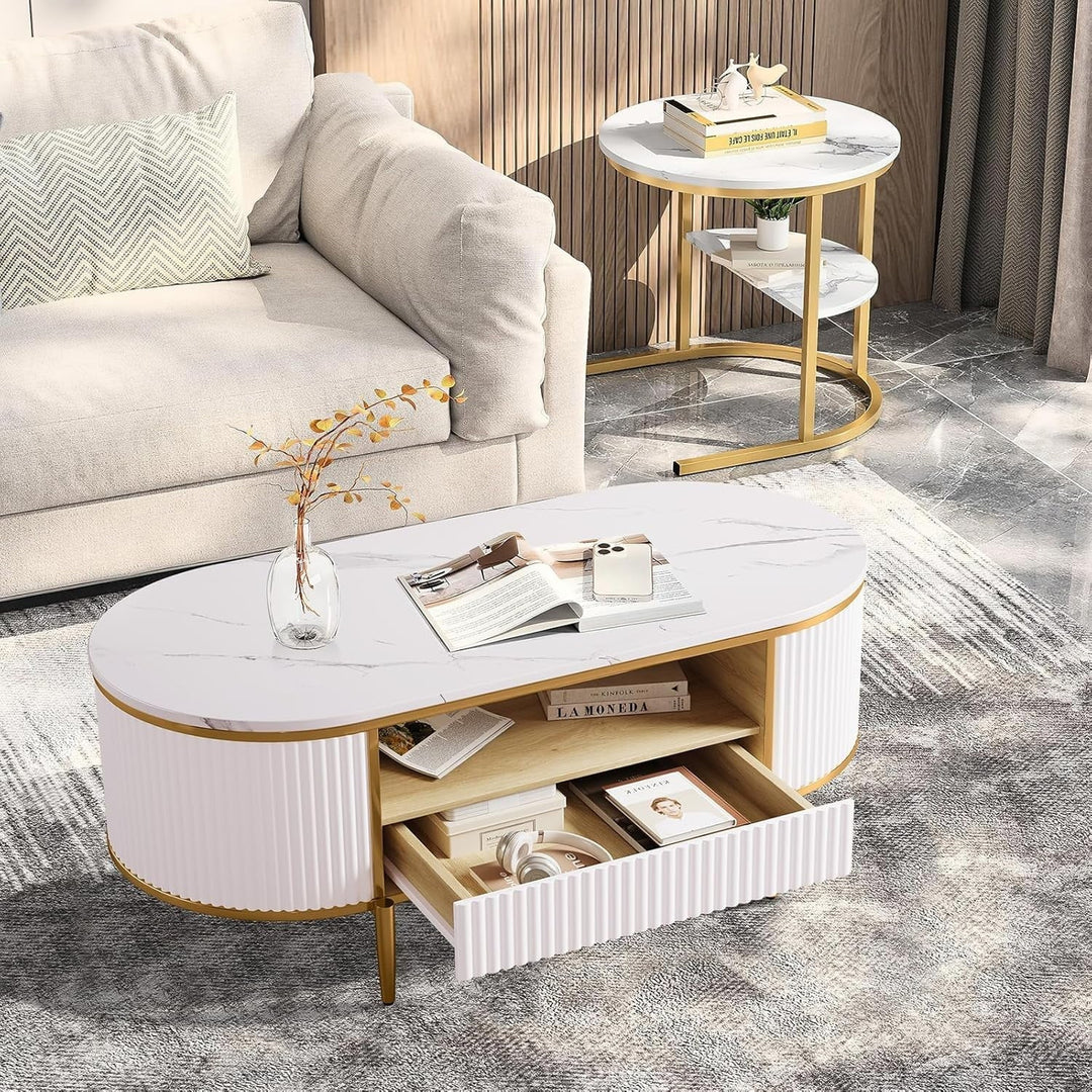 Modern Fluted Coffee Table, 48'' Modern Oval Coffee Table with Drawer, Faux Marble Top, Curved Profile Center Table with Storage, Gold Metal Decor, Center Table for Living Room, White