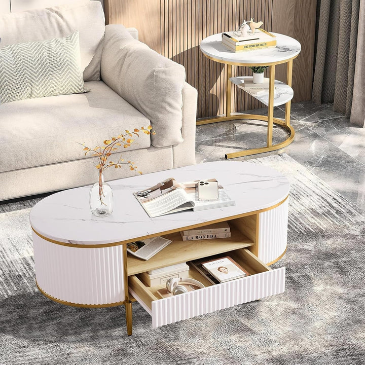 Modern Fluted Coffee Table, 48'' Modern Oval Coffee Table with Drawer, Faux Marble Top, Curved Profile Center Table with Storage, Gold Metal Decor, Center Table for Living Room, White