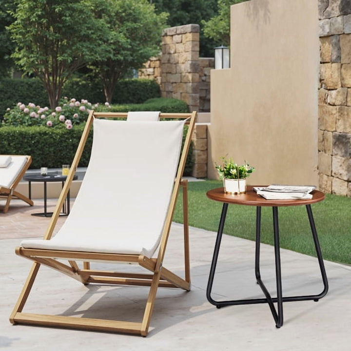 Round Adjustable Side Table, 20" Imitation Wood Top & Powder-Coated Steel Frame, Rust-Resistant Indoor/Outdoor End Table