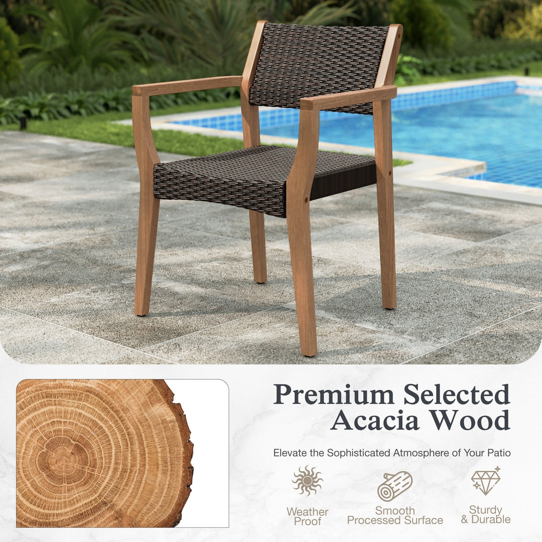 Alpha Joy Wicker Rattan Outdoor Patio Dining Chairs with Acacia Wood Structure - Set of 2, Dark Brown