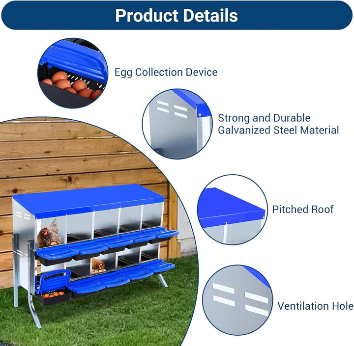 Galvanized Steel Chicken Nesting Box w/ Roll-Away Tray, 6/8/10 Hole Options, Wall/Stand Mount