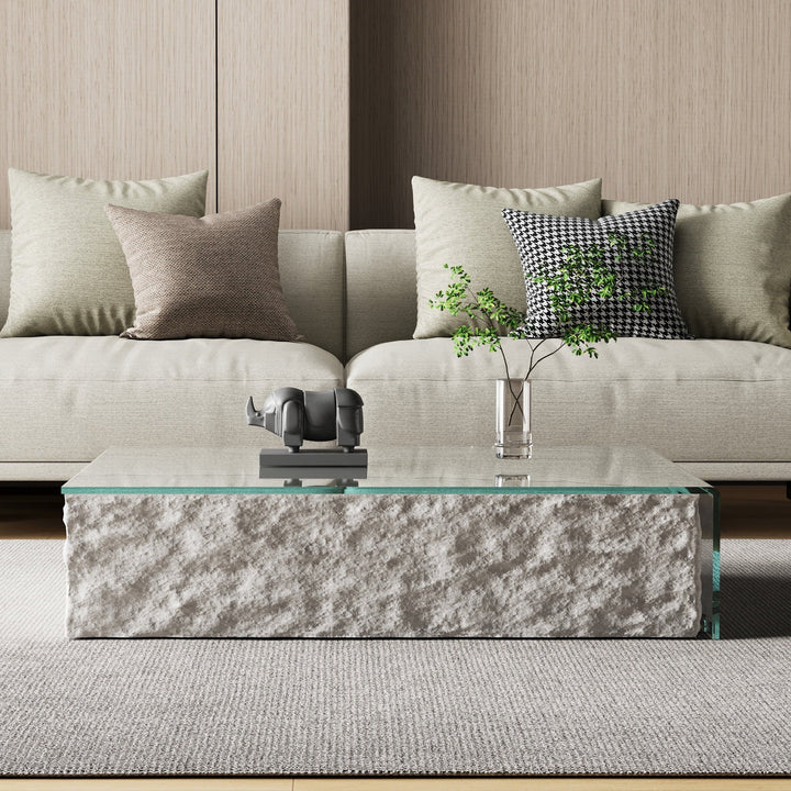 NessCarsti Extendable Faux Marble Coffee Table with Glass Center, Rectangular Cocktail Table for Living Room, Bedroom, or Office, 39.37"–74.8", White