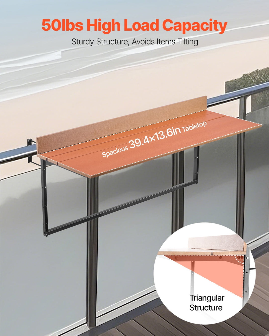 VEVOR Balcony Hanging Table, 15 x 39 in Folding Balcony Railing Table, Outdoor Balcony Bar Table for Railings, 5-Level Adjustable, Fit Railing from 1" to 5.3", Serving Table for Patio & Deck