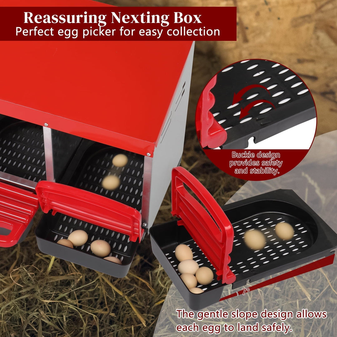 ZephyPaws Metal Chicken Nesting Box with Plastic Basket, 3 Compartments Chickens Egg Laying Nest Boxes with Roll Out Egg Collection for Hens Chicken Coop, Red