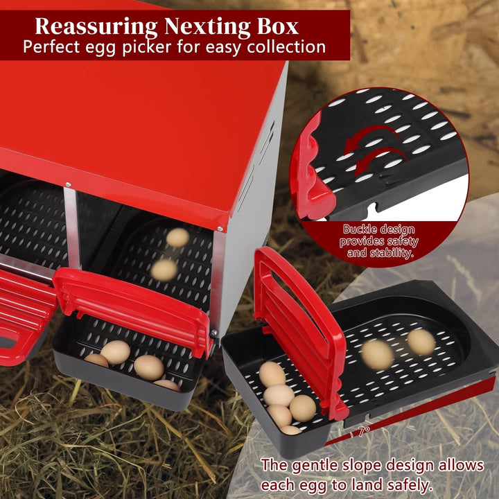ZephyPaws Metal Chicken Nesting Box with Plastic Basket, 3 Compartments Chickens Egg Laying Nest Boxes with Roll Out Egg Collection for Hens Chicken Coop, Red