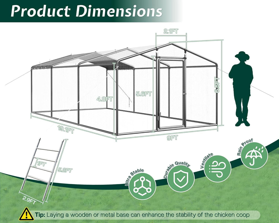 Jocisland 9×19FT Large Chicken Coop with Perch and Hinged Door, Spire Roof Walk-in Chicken Run with Metal Frame and PE Cover for Backyard Poultry, Ducks, Rabbits