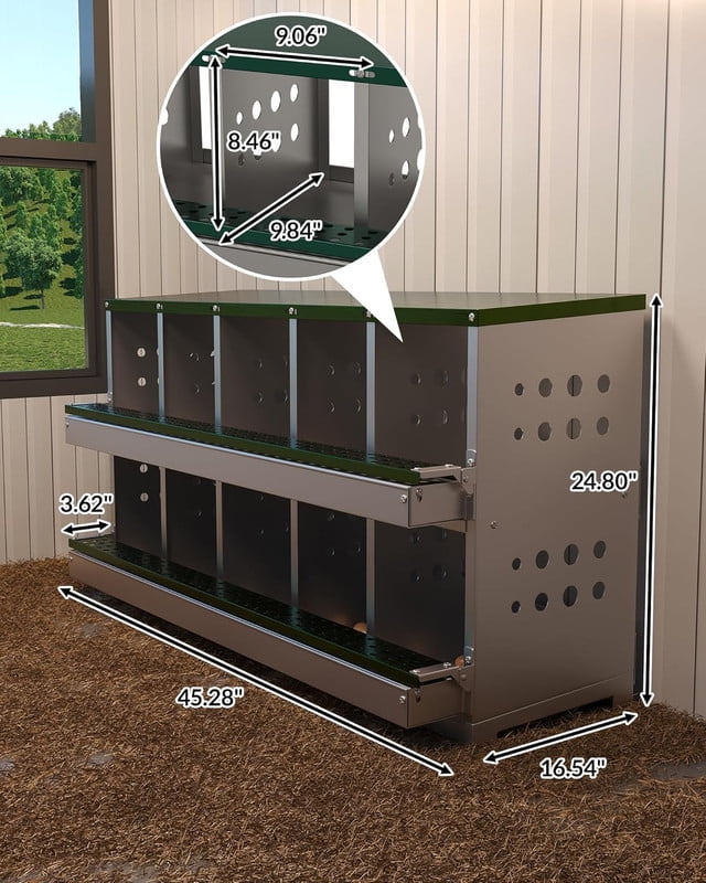 Green Metal Chicken Nesting Box for Laying Eggs, Rustproof Wall-mountable Roll Away Chicken Laying Boxes for Hens, Waterproof, Ventilated with Perch, 10 Compartments
