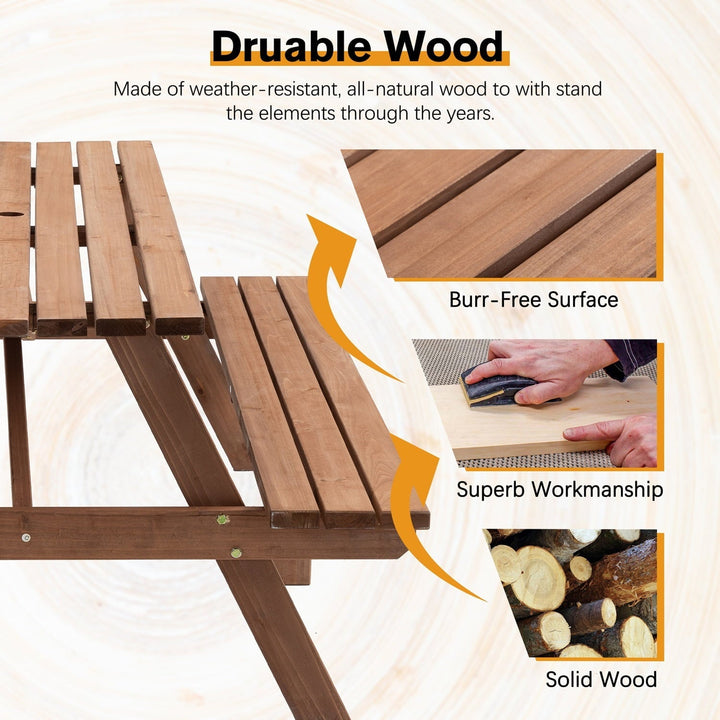 75 Inch Picnic Table, 8-Person Wooden Picnic Table with 2 Built-In Benches, Outdoor Camping Dining Table for Backyard, Garden, Patio, DIY Assembly, 2220 lbs Capacity, Brown