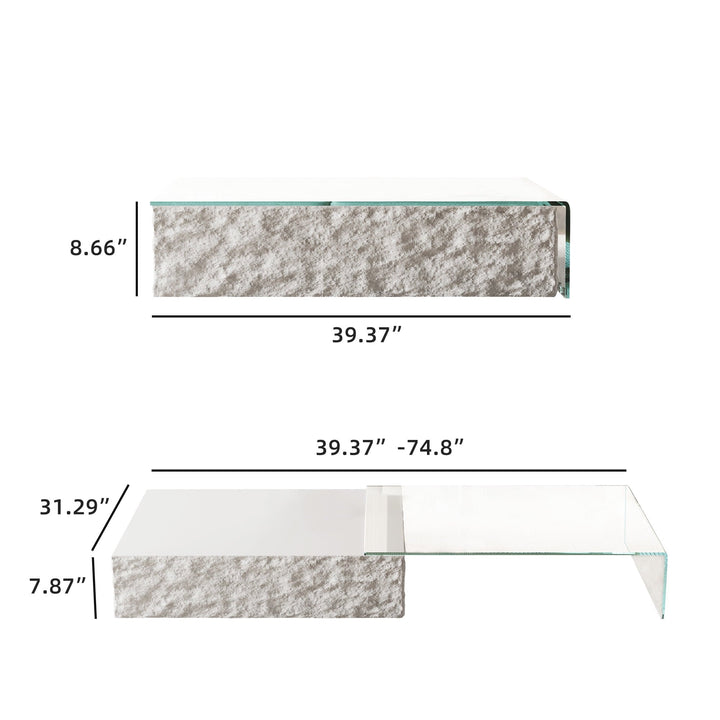 NessCarsti Extendable Faux Marble Coffee Table with Glass Center, Rectangular Cocktail Table for Living Room, Bedroom, or Office, 39.37"–74.8", White