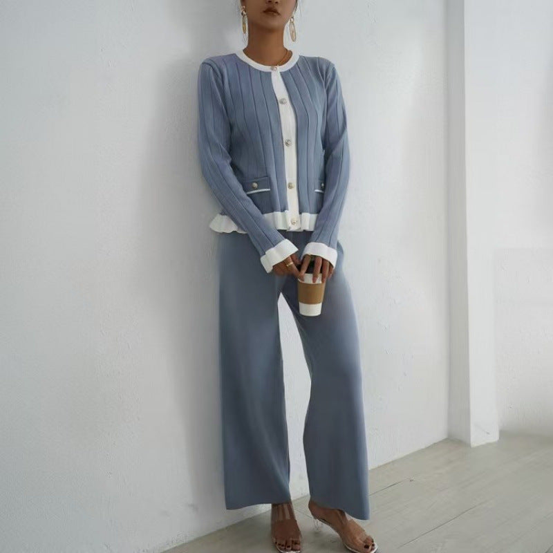 Flared Long Sleeve Knitted Cardigan Suit