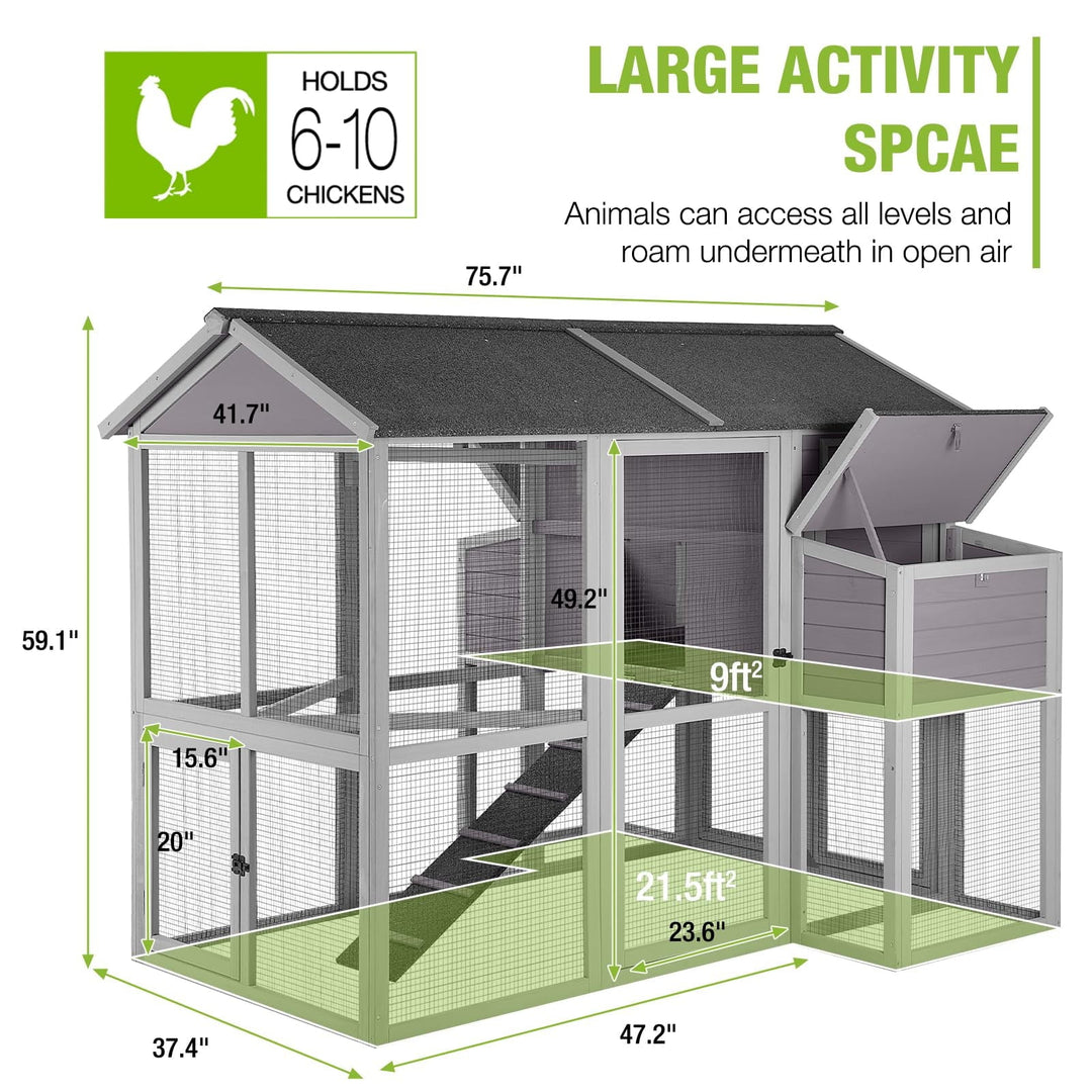 BUTINGLALE Chicken Coop with Large Nesting Boxes Outdoor Hen House with 30.5ft² Sleeping Area and Run for 6 to10 Chickens 75.7" L x 65.7" W x 59.1" H