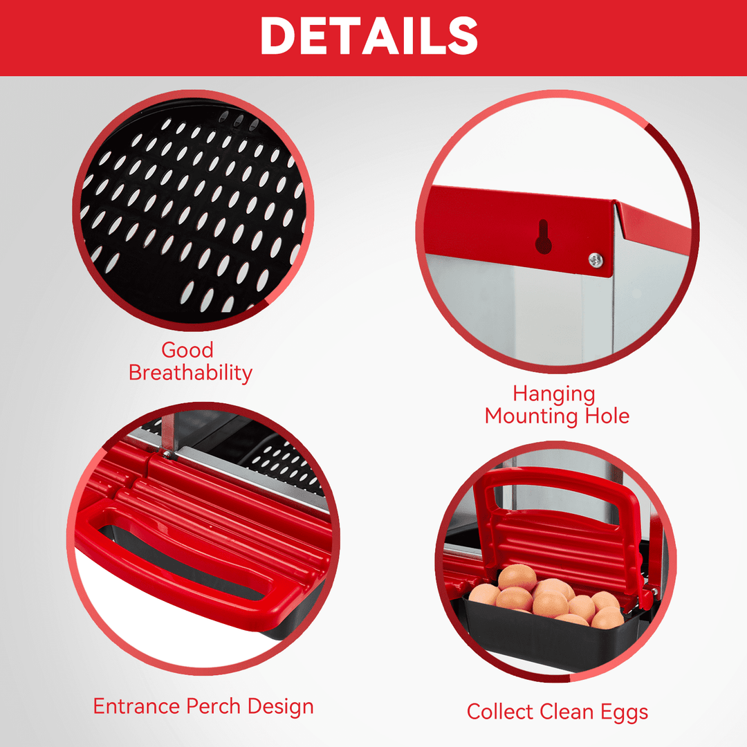 EROMMY Chicken Nesting Box, 4 Compartment Metal Chicken Laying Box, Chicken Brooder Box with Egg Collection for Chicken Coop, Wall Mount or Free Standing, Red