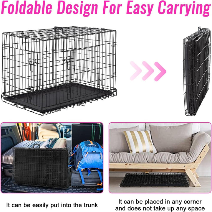 FDW 48 inch Foldable Metal Dog Crate for Large Dogs, Double Door, Divider, Removable Tray(Black)