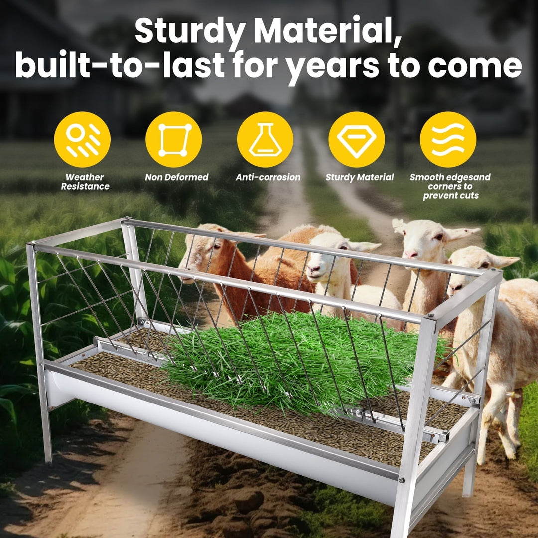 Heavy Duty 2-in-1 Goat Feeder - 77 Gallon Galvanized Steel Hay Feeder for Sheep, Horses & Farm Animals - Large Capacity Livestock Feeder with Spill Guard