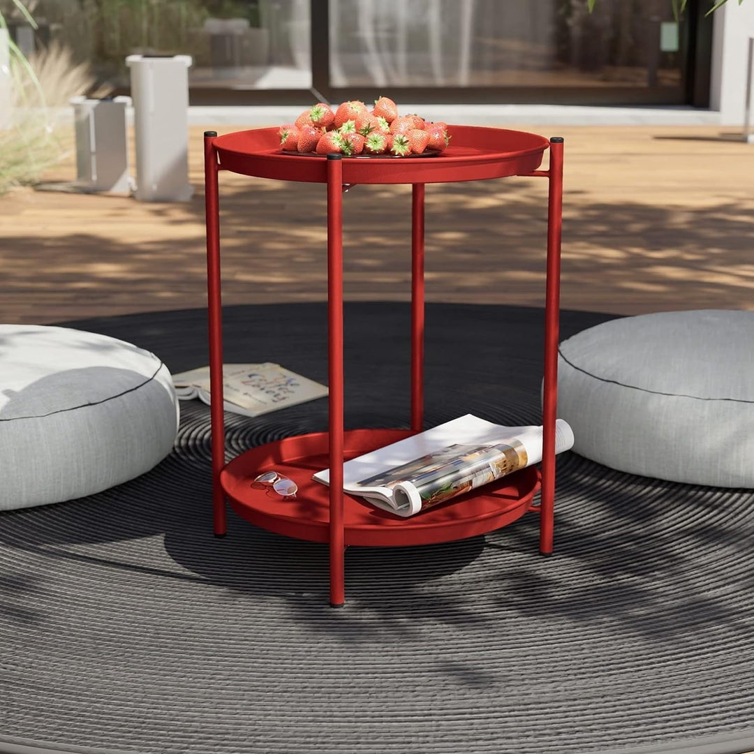 Modern Two-Tier Round Side Table - Dual-Layer Metal Design with Non-Slip Gray Feet, Space-Saving Accent Table for Living Room/Bedroom - Red