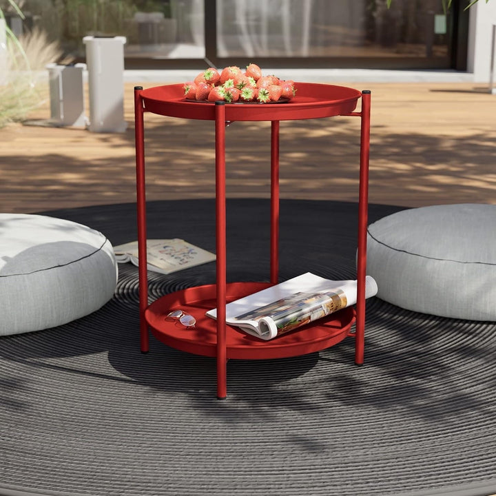 Modern Two-Tier Round Side Table - Dual-Layer Metal Design with Non-Slip Gray Feet, Space-Saving Accent Table for Living Room/Bedroom - Red