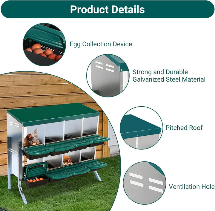 Pinypikaka Chicken Nesting Box with Bracket Legs, 8 Compartments Nesting Boxes for Chickens, Chicken Laying Boxes, Roll Away Nesting Box for Chickens Laying Egg with Lid Cover