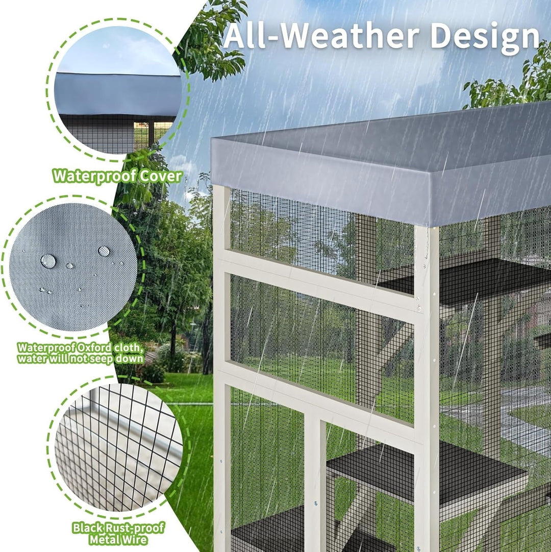 62.6 Inch Outdoor Cat House Big Catio Wooden Cat Shelter with Platforms, with 5 Platforms and 2 Rest Boxes, Upgraded Waterproof Cover, Rust-Proof Wire, Gray