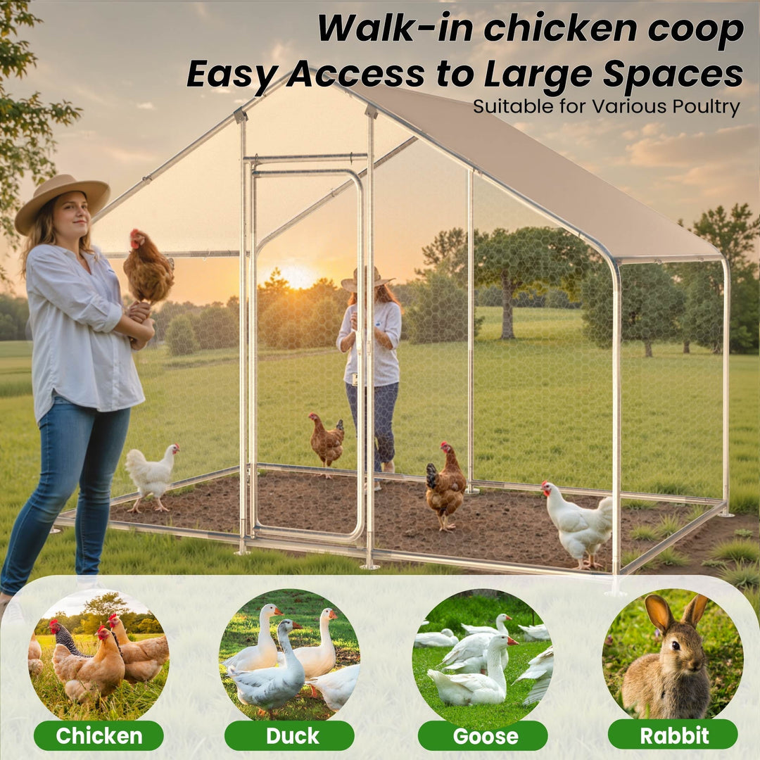 Large Metal Chicken Coop Outdoor Walk-in Chicken Run Poultry Cage Pen W/ Water & UV Proof Cover For Backyard Farm for Hens, Ducks, Rabbits, or Small Animals 10'×6.6'×6.6', Spire Top